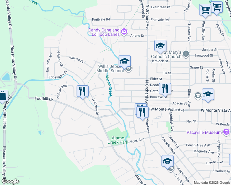 map of restaurants, bars, coffee shops, grocery stores, and more near 599 Cottonwood Street in Vacaville
