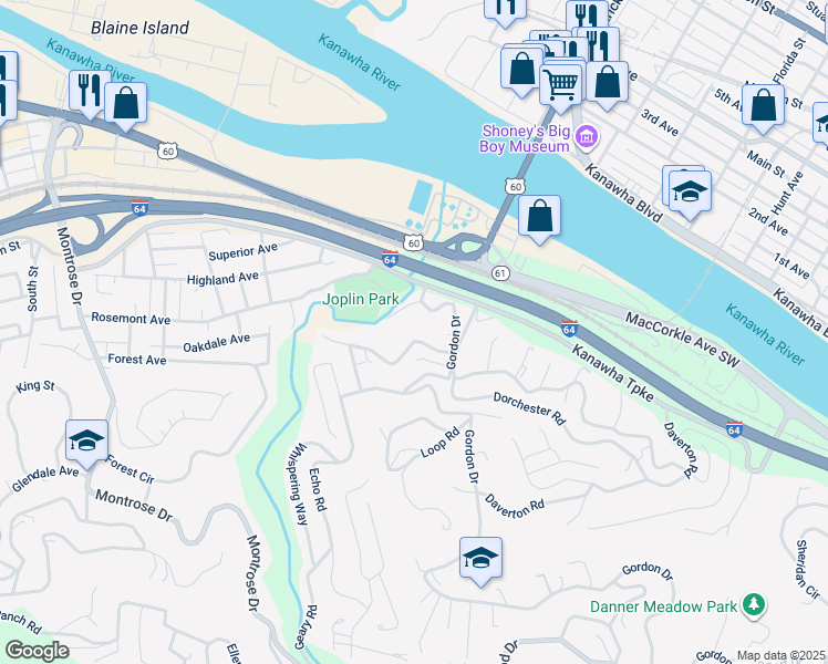 map of restaurants, bars, coffee shops, grocery stores, and more near 1820 Locust Avenue in South Charleston