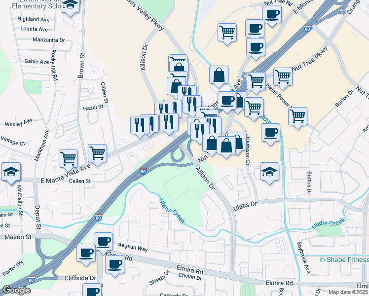 map of restaurants, bars, coffee shops, grocery stores, and more near Allison Drive in Vacaville