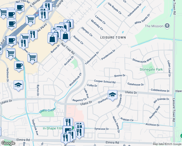 map of restaurants, bars, coffee shops, grocery stores, and more near 585 Nut Tree Court in Vacaville