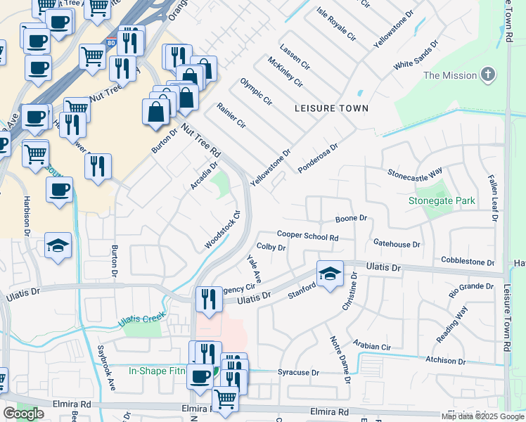 map of restaurants, bars, coffee shops, grocery stores, and more near 585 Nut Tree Court in Vacaville