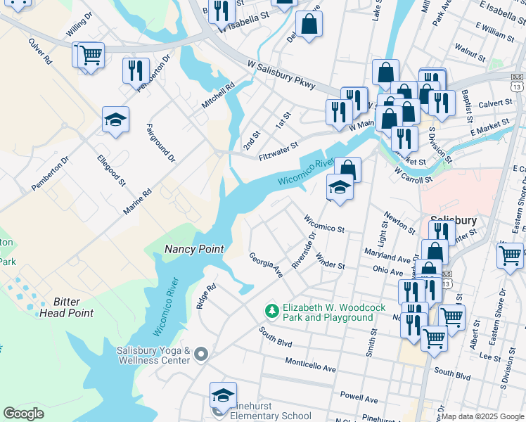 map of restaurants, bars, coffee shops, grocery stores, and more near 660 River Oak Court in Salisbury