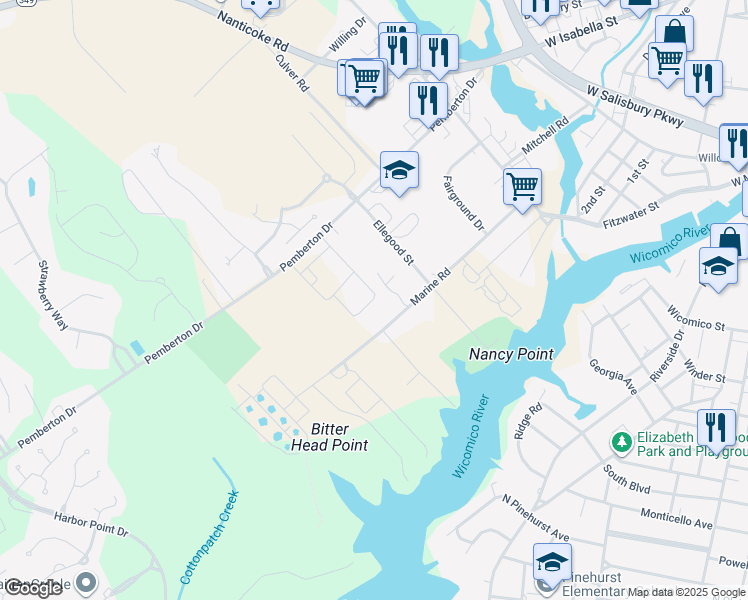 map of restaurants, bars, coffee shops, grocery stores, and more near 1010 River House Drive in Salisbury