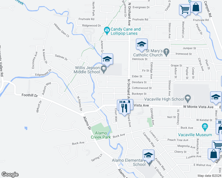 map of restaurants, bars, coffee shops, grocery stores, and more near 567 Cottonwood Street in Vacaville