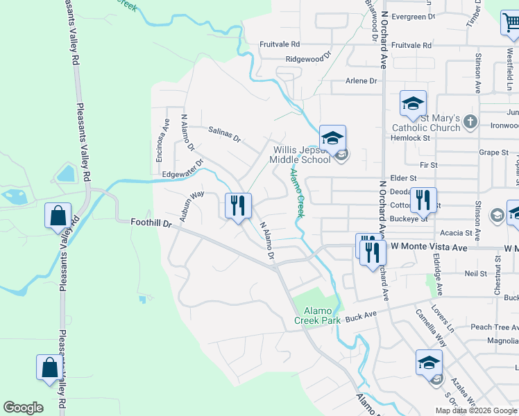 map of restaurants, bars, coffee shops, grocery stores, and more near 100 Cheyenne Drive in Vacaville