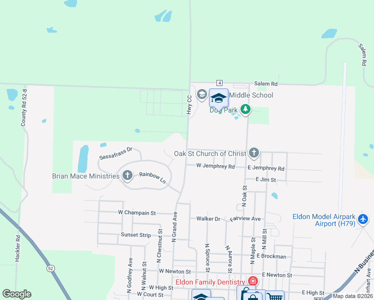 map of restaurants, bars, coffee shops, grocery stores, and more near 1400 North Grand Avenue in Eldon