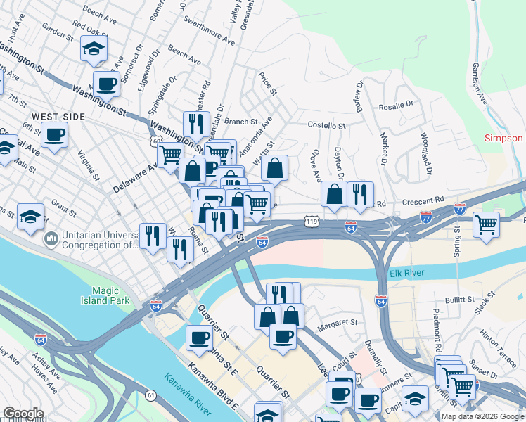 map of restaurants, bars, coffee shops, grocery stores, and more near 730 Indiana Avenue in Charleston
