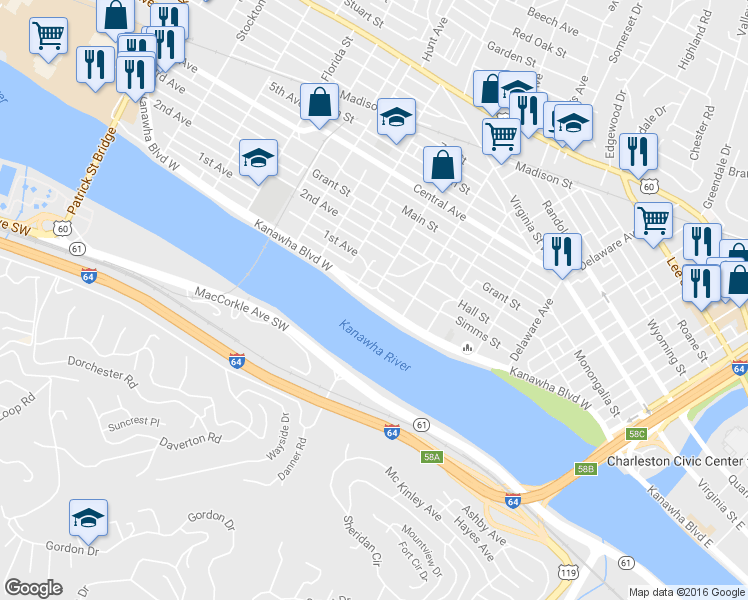 map of restaurants, bars, coffee shops, grocery stores, and more near 816 Kanawha Boulevard West in Charleston
