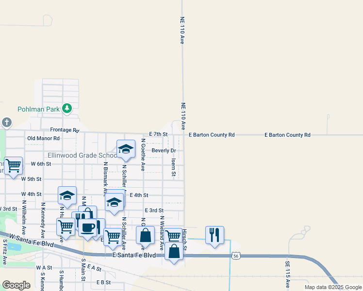 map of restaurants, bars, coffee shops, grocery stores, and more near 618 North Hirsch Avenue in Ellinwood
