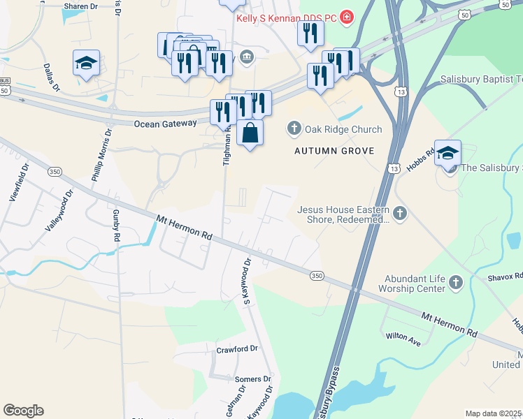 map of restaurants, bars, coffee shops, grocery stores, and more near 308 North Kaywood Drive in Salisbury