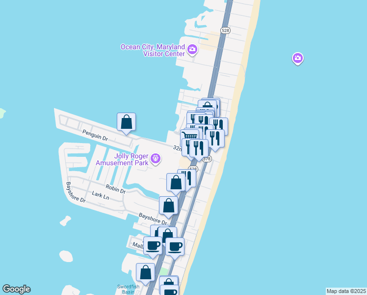 map of restaurants, bars, coffee shops, grocery stores, and more near 202 32nd Street in Ocean City