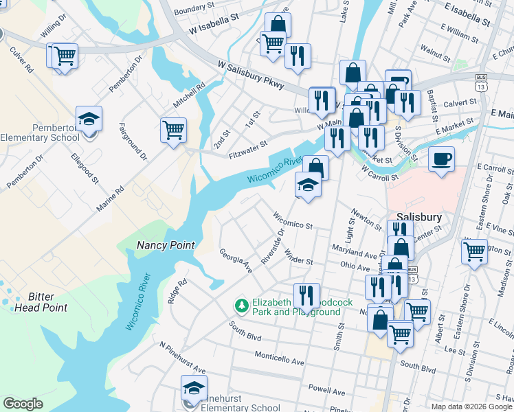 map of restaurants, bars, coffee shops, grocery stores, and more near 514 Wicomico Street in Salisbury
