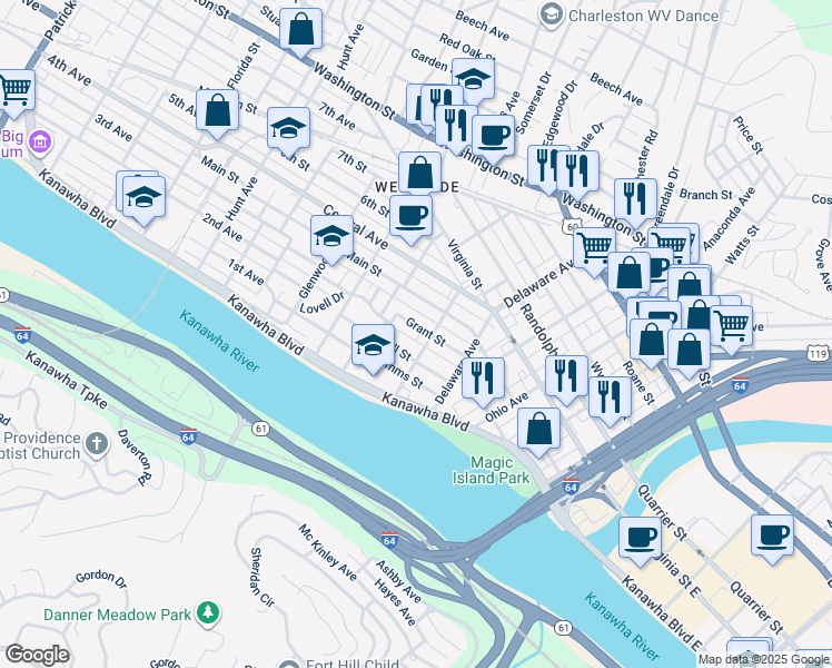 map of restaurants, bars, coffee shops, grocery stores, and more near 614 Hall Street in Charleston