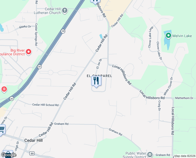 map of restaurants, bars, coffee shops, grocery stores, and more near 35 El Rancho Drive in Cedar Hill