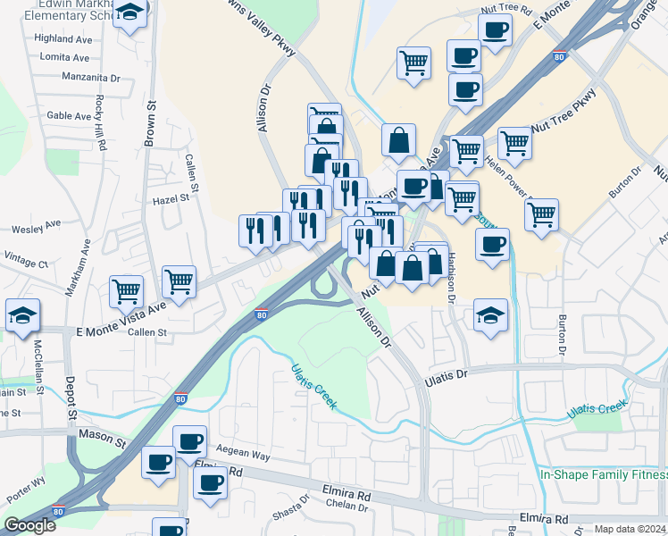 map of restaurants, bars, coffee shops, grocery stores, and more near Allison Drive in Vacaville
