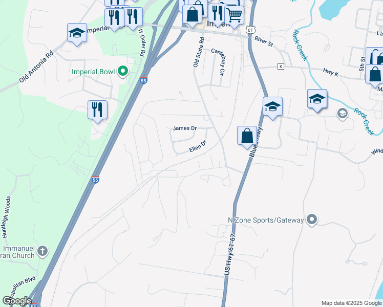 map of restaurants, bars, coffee shops, grocery stores, and more near 1132 Ellen Drive in Imperial
