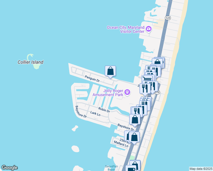 map of restaurants, bars, coffee shops, grocery stores, and more near 501 Penguin Drive in Ocean City