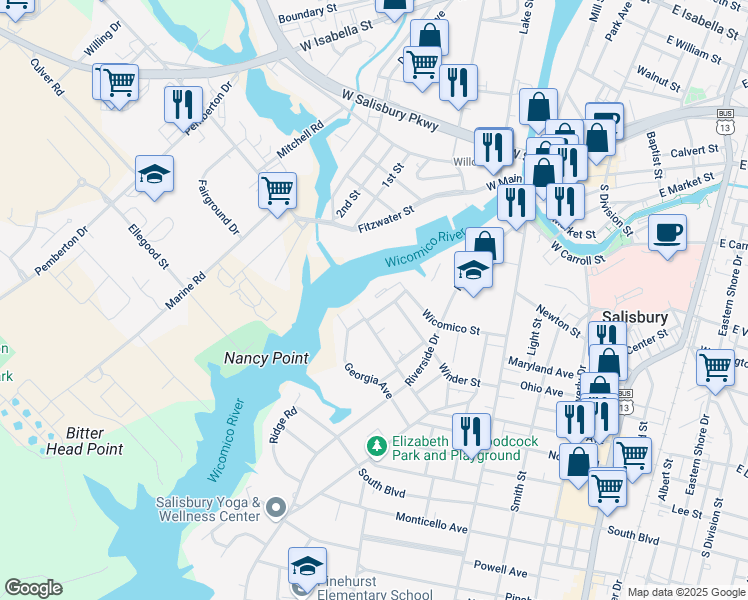 map of restaurants, bars, coffee shops, grocery stores, and more near 660 River Oak Court in Salisbury