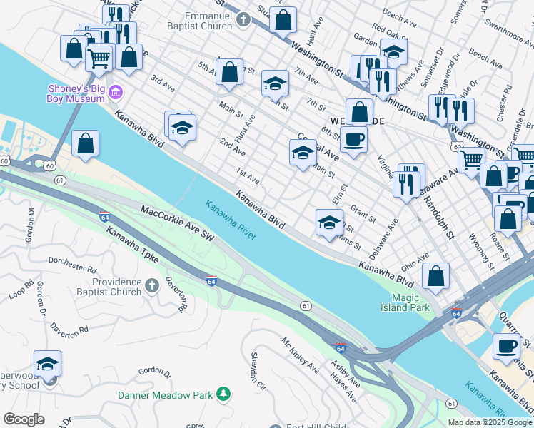 map of restaurants, bars, coffee shops, grocery stores, and more near Kanawha Boulevard West in Charleston