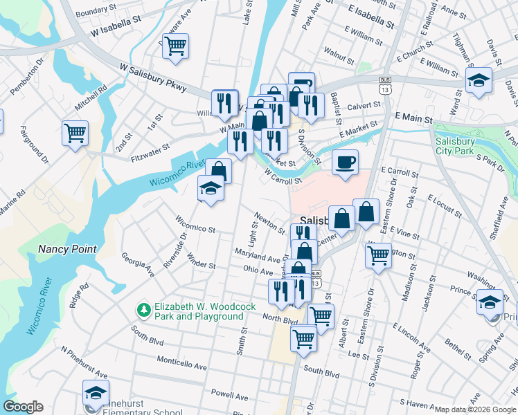 map of restaurants, bars, coffee shops, grocery stores, and more near 308 Locust Terrace in Salisbury