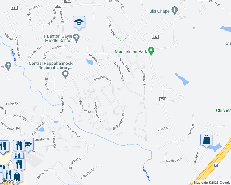 map of restaurants, bars, coffee shops, grocery stores, and more near 358 Bridgewater Circle in Fredericksburg