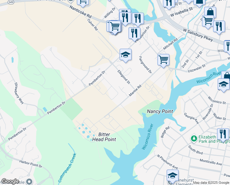 map of restaurants, bars, coffee shops, grocery stores, and more near 1010 River House Drive in Salisbury