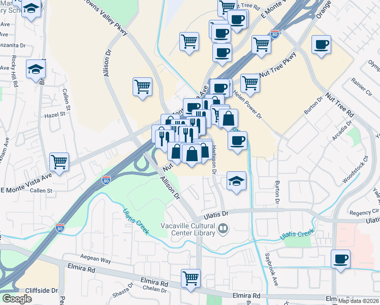 map of restaurants, bars, coffee shops, grocery stores, and more near 2081 Harbison Drive in Vacaville