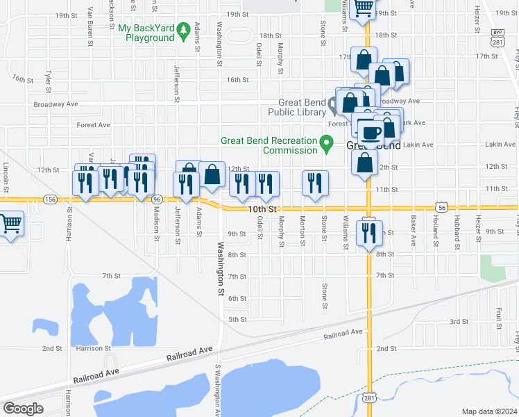 map of restaurants, bars, coffee shops, grocery stores, and more near 10th Street in Great Bend