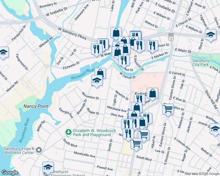 map of restaurants, bars, coffee shops, grocery stores, and more near 319 Newton Street in Salisbury