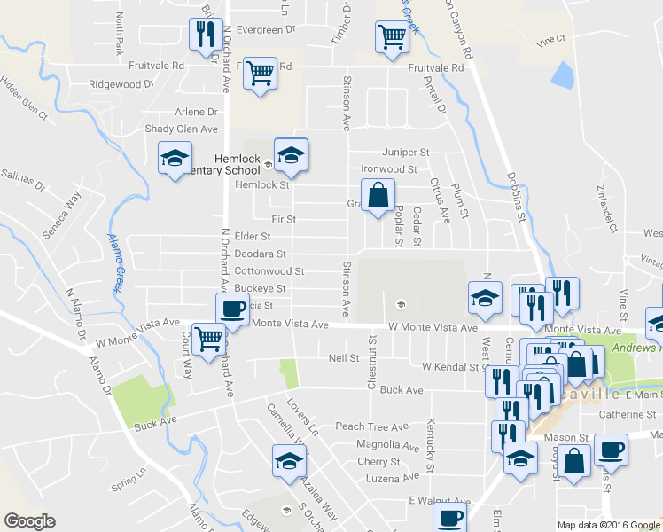 map of restaurants, bars, coffee shops, grocery stores, and more near 317 Cottonwood Street in Vacaville