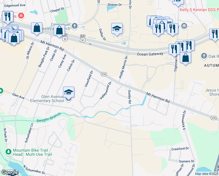 map of restaurants, bars, coffee shops, grocery stores, and more near 305 Valleywood Drive in Salisbury