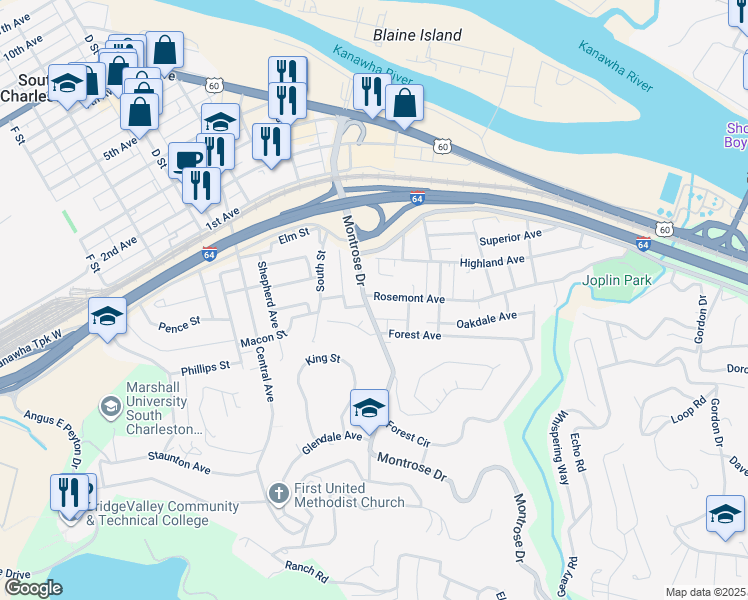 map of restaurants, bars, coffee shops, grocery stores, and more near 417 Montrose Drive in Charleston