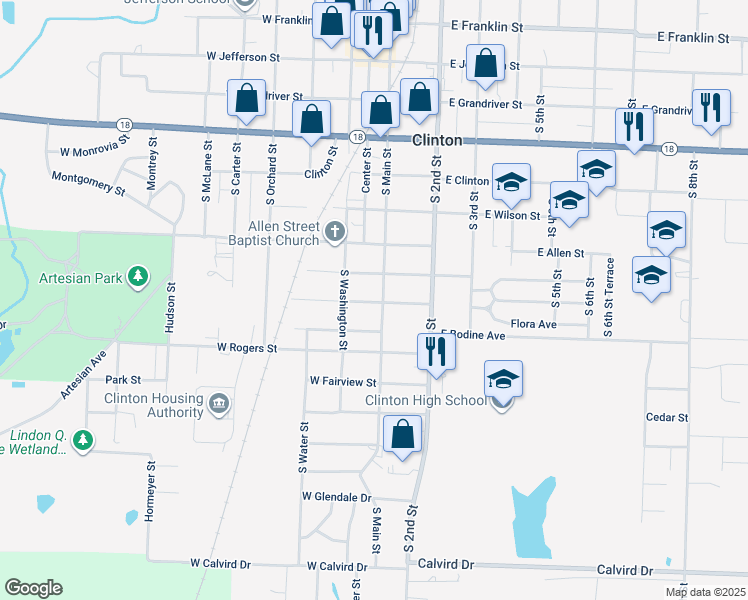 map of restaurants, bars, coffee shops, grocery stores, and more near 107 East Tebo Street in Clinton