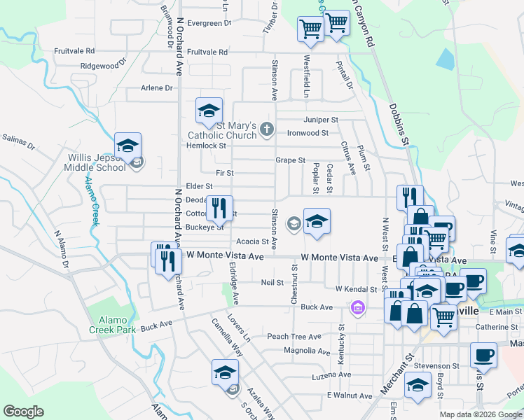 map of restaurants, bars, coffee shops, grocery stores, and more near 317 Cottonwood Street in Vacaville