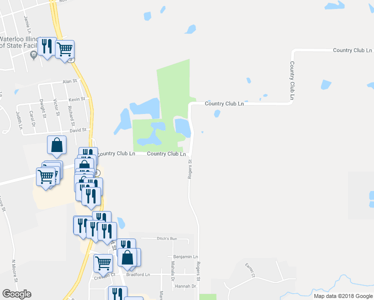 map of restaurants, bars, coffee shops, grocery stores, and more near 100 Country Club Lane in Waterloo