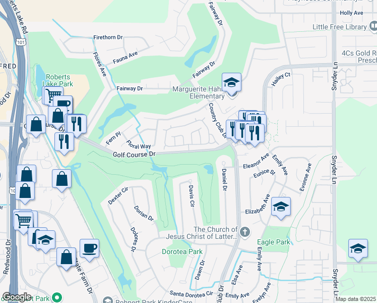 map of restaurants, bars, coffee shops, grocery stores, and more near Golf Course Drive & Francis Circle in Rohnert Park