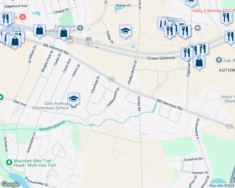 map of restaurants, bars, coffee shops, grocery stores, and more near 305 Valleywood Drive in Salisbury