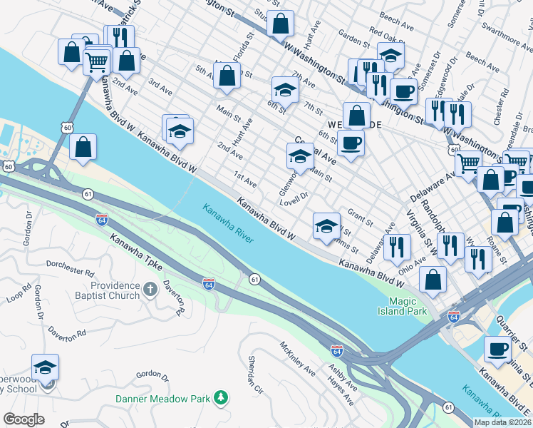 map of restaurants, bars, coffee shops, grocery stores, and more near 816 Kanawha Boulevard West in Charleston