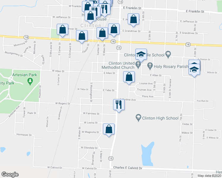 map of restaurants, bars, coffee shops, grocery stores, and more near 107 East Tebo Street in Clinton