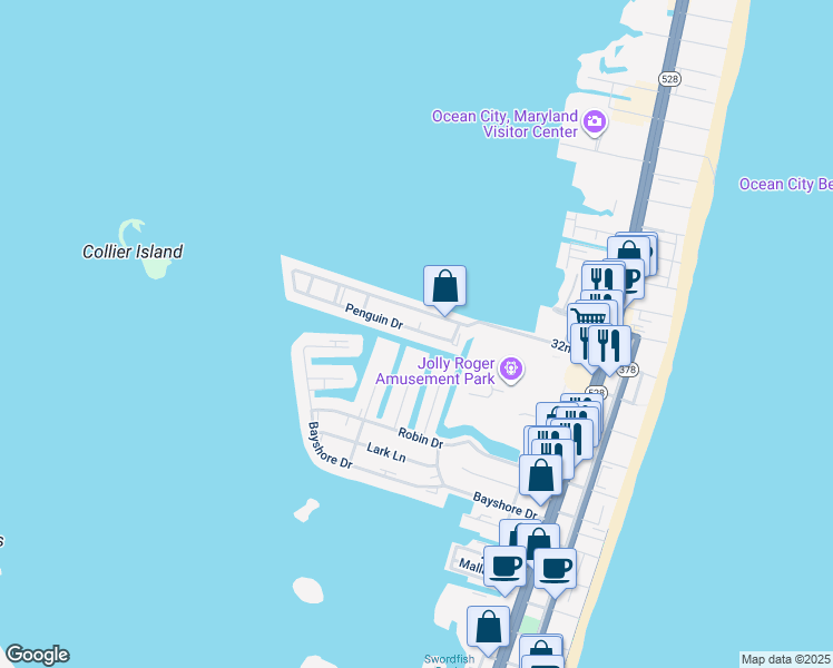 map of restaurants, bars, coffee shops, grocery stores, and more near 2821 Plover Drive in Ocean City