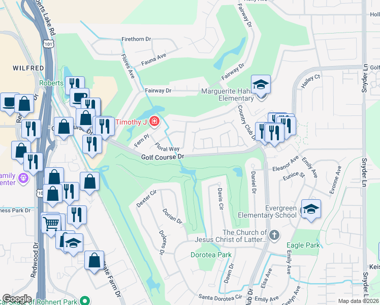 map of restaurants, bars, coffee shops, grocery stores, and more near 133 Francis Circle in Rohnert Park
