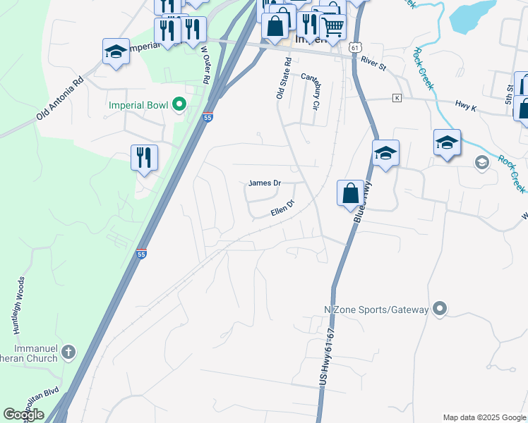 map of restaurants, bars, coffee shops, grocery stores, and more near 1132 Ellen Drive in Imperial