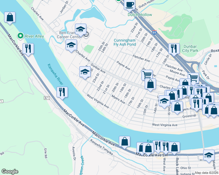 map of restaurants, bars, coffee shops, grocery stores, and more near 301-399 20th Street in Dunbar