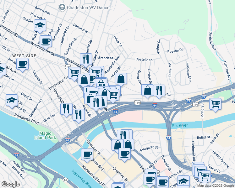 map of restaurants, bars, coffee shops, grocery stores, and more near 739 Indiana Avenue in Charleston