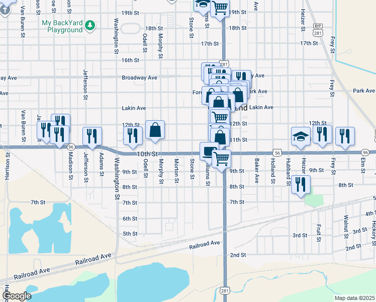 map of restaurants, bars, coffee shops, grocery stores, and more near 900 Stone Street in Great Bend