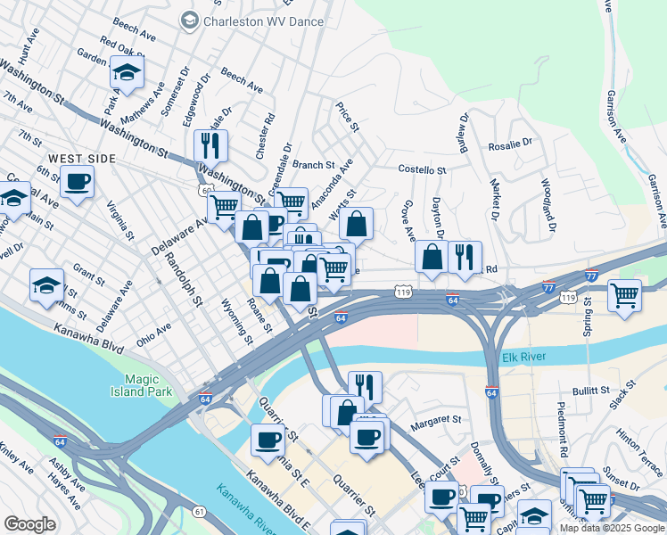 map of restaurants, bars, coffee shops, grocery stores, and more near 727 Indiana Avenue in Charleston