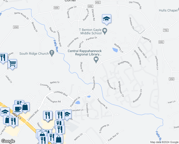 map of restaurants, bars, coffee shops, grocery stores, and more near 31 Newcastle Place in Fredericksburg