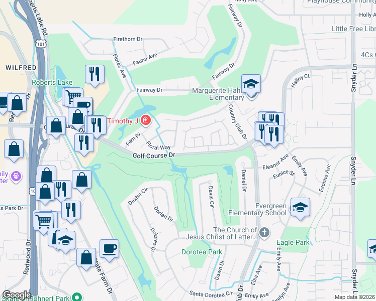 map of restaurants, bars, coffee shops, grocery stores, and more near 133 Francis Circle in Rohnert Park
