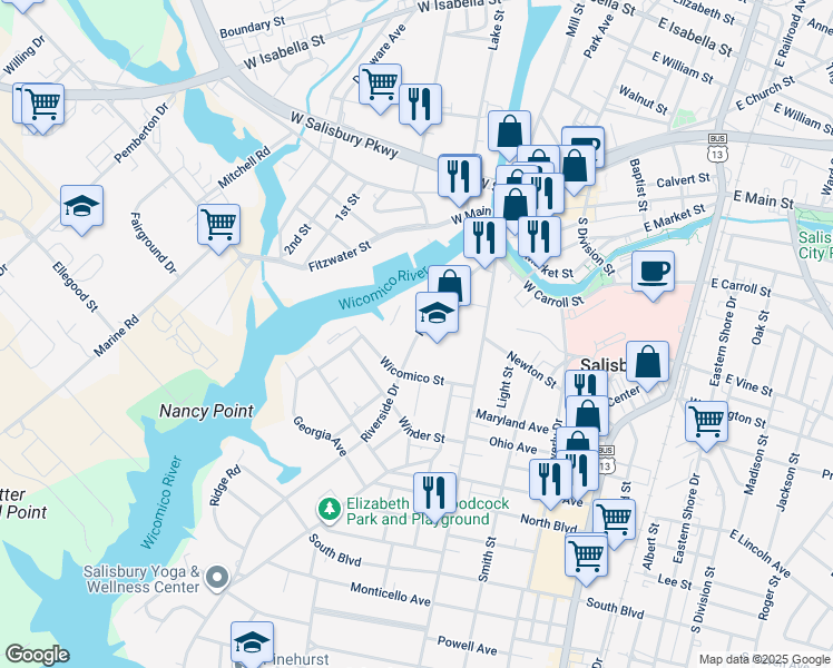map of restaurants, bars, coffee shops, grocery stores, and more near in Salisbury