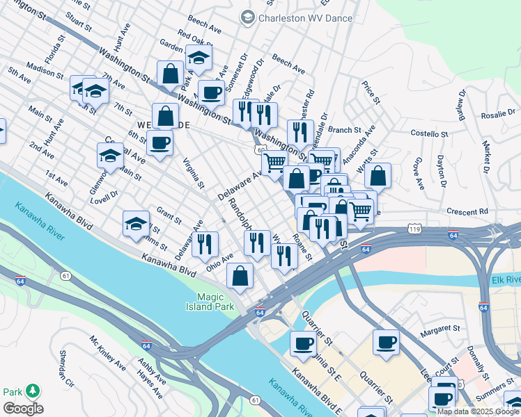 map of restaurants, bars, coffee shops, grocery stores, and more near 318 Randolph Street in Charleston
